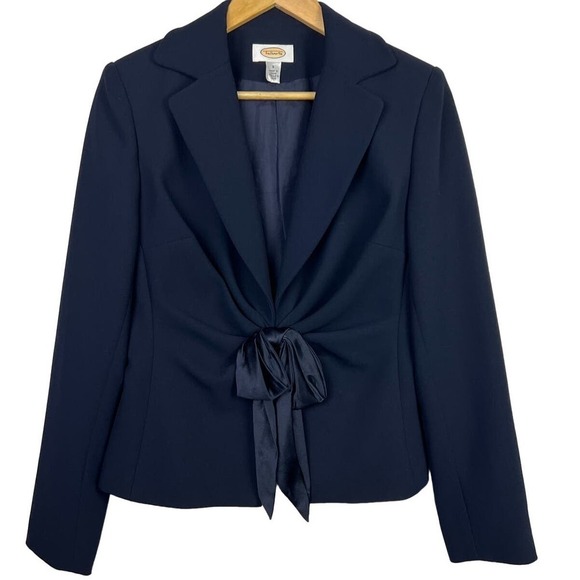 Talbots Silk Bow Ruched Front Navy Blue Lined Blazer Size 8 - Picture 1 of 6